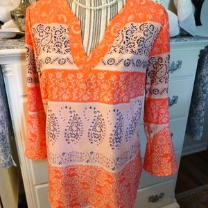 Kim Roger's, Paisley art deco peach, 3/4 bell sleeves, lightweight top, Med